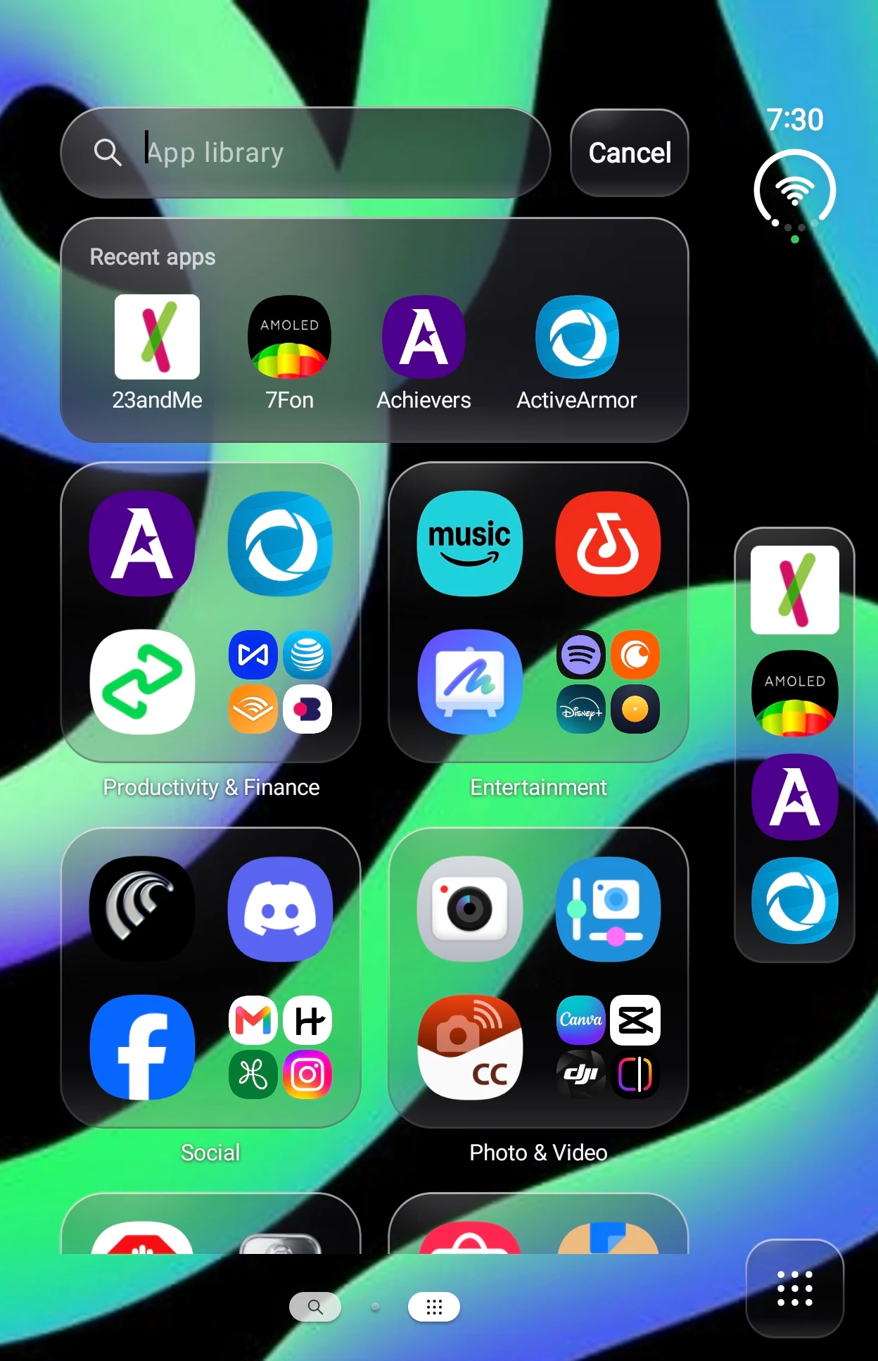 App Library with apps organized into translucent category panels